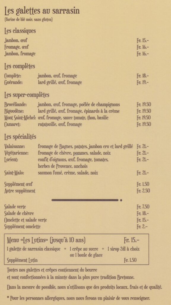 Carte des galettes au sarrasin (crêpes salées), salades, spécialités et menu enfant